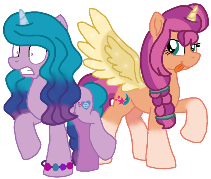 Size: 1127x954 | Tagged: safe, artist:徐詩珮, derpibooru import, izzy moonbow, sunny starscout, alicorn, pony, unicorn, my little pony: a new generation, spoiler:g5, spoiler:my little pony: a new generation, bracelet, braid, duo, duo female, female, g5, gritted teeth, horn, image, jewelry, mare, multicolored mane, multicolored tail, png, raised hoof, raised leg, shrunken pupils, simple background, spread wings, standing, standing on two hooves, sunnycorn, tail, teal eyes, tongue out, transparent background, two toned mane, two toned tail, wings