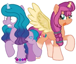 Size: 1127x954 | Tagged: safe, artist:徐詩珮, derpibooru import, izzy moonbow, sunny starscout, alicorn, pony, unicorn, my little pony: a new generation, spoiler:g5, spoiler:my little pony: a new generation, bracelet, braid, duo, duo female, female, g5, gritted teeth, horn, image, jewelry, mare, multicolored mane, multicolored tail, png, raised hoof, raised leg, shrunken pupils, simple background, spread wings, standing, standing on two hooves, sunnycorn, tail, teal eyes, tongue out, transparent background, two toned mane, two toned tail, wings