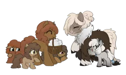 Size: 3852x2316 | Tagged: safe, artist:marbo, ponybooru import, oc, oc:arctic ink, oc:bundle up, oc:comfy cozy, oc:evergreen, oc:podzol, pony, taiga pony, /mlp/, basket, chest fluff, clothes, coat, coat markings, eyes closed, female, filly, fluffy, hiding, image, looking at each other, mare, png, raised hoof, raised leg, scared, simple background, size difference, socks (coat marking), transparent background, unshorn fetlocks