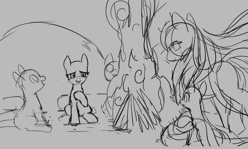 Size: 2758x1658 | Tagged: safe, artist:marbo, ponerpics import, oc, oc:cirrus wisp, unofficial characters only, earth pony, pony, taiga pony, campfire, female, filly, fire, hoof on chest, image, mare, monochrome, open mouth, png, sketch, smiling, snow, unfinished art