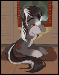 Size: 1879x2369 | Tagged: safe, artist:marbo, ponybooru import, oc, oc:pine ponder, unofficial characters only, pony, taiga pony, chest fluff, coat markings, cup, cute, dorsal stripe, eyes closed, female, fluffy, food, image, indoors, inside, mare, pale belly, png, rug, sitting, socks (coat marking), solo, tapestry, tea, teacup