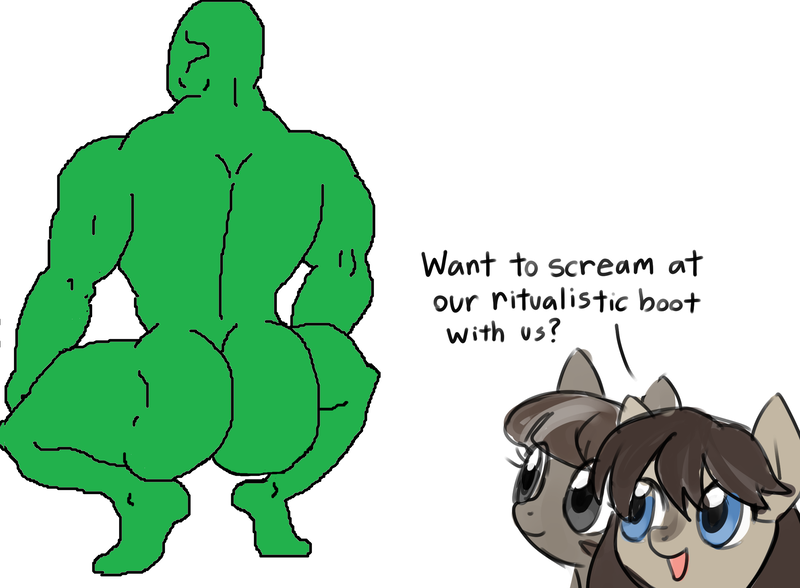 Size: 2374x1744 | Tagged: suggestive, artist:marbo, edit, oc, oc:anon, oc:frosty flakes, oc:winter wonder, unofficial characters only, human, pony, taiga pony, broly, butt, dialogue, female, image, looking back, mare, png, simple background, white background