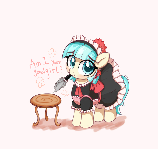 Size: 1280x1208 | Tagged: safe, artist:kqaii, derpibooru import, coco pommel, earth pony, pony, blushing, clothes, cocobetes, cute, eye clipping through hair, eyebrows, eyebrows visible through hair, female, good girl, image, jpeg, looking at you, maid, mouth hold, solo, watching