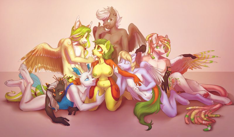 Size: 5616x3304 | Tagged: explicit, artist:helemaranth, derpibooru import, oc, oc:femlem, oc:lemony light, oc:non toxic, unofficial characters only, anthro, monster pony, original species, pegasus, tatzlpony, unicorn, commission, group sex, image, orgy, png, rule 63, sex, ych result