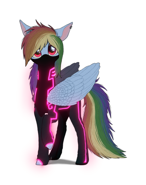 Size: 1209x1527 | Tagged: safe, artist:spirit-1, derpibooru import, rainbow dash, pegasus, pony, bodysuit, clothes, image, mask, neon, png, simple background, solo, transparent background