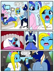Size: 3000x4000 | Tagged: safe, artist:smallhorses, derpibooru import, minuette, oc, oc:cuteamena, oc:electric blue, anthro, pegasus, plantigrade anthro, bow, branding, car, clothes, dentist, drool, drugged, electricute, feet, female, image, implied vore, laughing, mask, mawshot, mobile phone, mouth cam, nervous, nike, numb, open mouth, phone, png, recording, sandals, shipping, shoes, sneakers, surgery, teeth, thought bubble, uvula