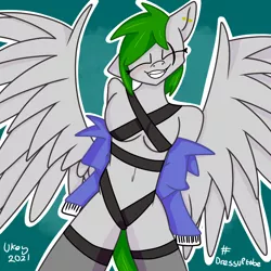 Size: 1280x1280 | Tagged: suggestive, artist:ukedideka, derpibooru import, oc, oc:quizzical aphre, unofficial characters only, anthro, pegasus, belly button, clothes, ear piercing, eye clipping through hair, eyes closed, floppy ears, image, looking at you, pegasus oc, piercing, png, revealing clothing, sharp teeth, simple background, smiling, smiling at you, socks, solo, spread wings, standing, teeth, thigh highs, wings