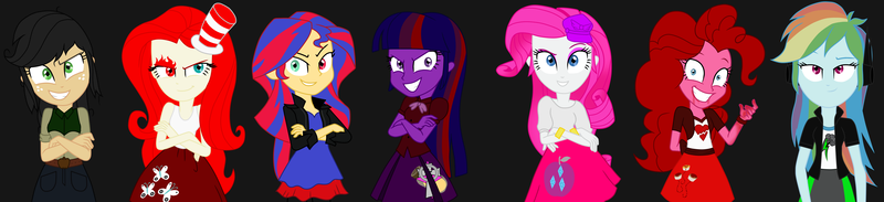 Size: 4832x1104 | Tagged: safe, artist:machakar52, derpibooru import, applejack, fluttershy, pinkie pie, rainbow dash, rarity, sunset shimmer, twilight sparkle, twilight sparkle (alicorn), alicorn, human, elements of insanity, equestria girls, alternate cutie mark, alternate universe, applepills, bracelet, brutalight sparcake, clothes, crossed legs, cutie mark, cutie mark on clothes, demented six, equestria girls style, equestria girls-ified, fluttershout, general hat, hat, image, jewelry, looking at you, painset shimmercakes, pinkis cupcake, png, purple hat, rainbine, rainbine ears, rarifruit