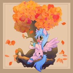 Size: 1200x1200 | Tagged: safe, artist:splashofsweet, derpibooru import, oc, oc:cyclone stormchaser, unofficial characters only, hippogriff, autumn, gif, hippogriff oc, image, leaves, solo, tree