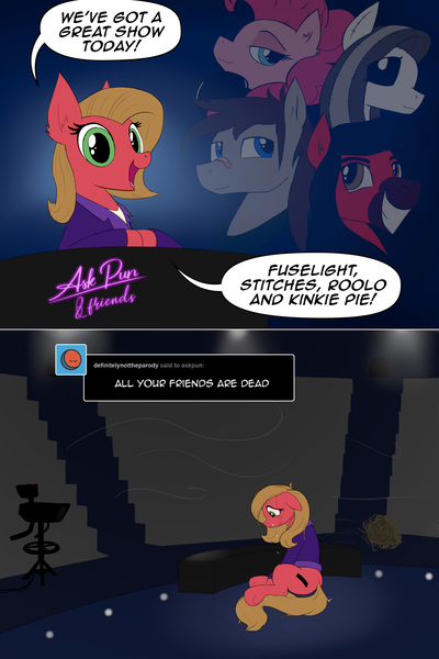 Size: 1067x1602 | Tagged: safe, artist:zoarvek, derpibooru import, pinkie pie, oc, oc:fuselight, oc:pun, oc:rollo, oc:stitches, pony, ask pun, ask, crying, image, png