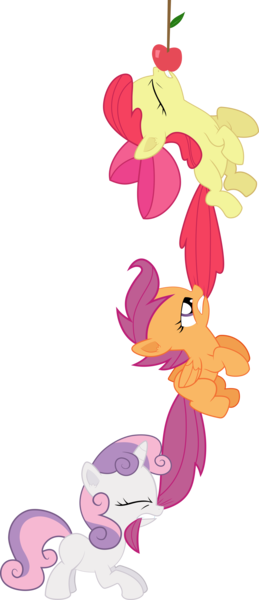 Size: 2000x4641 | Tagged: safe, artist:frownfactory, derpibooru import, apple bloom, scootaloo, sweetie belle, earth pony, pegasus, pony, unicorn, family appreciation day, apple, biting, blank flank, bow, cutie mark crusaders, eyes closed, female, filly, foal, food, gritted teeth, high res, horn, image, png, simple background, tail, tail bite, tail pull, transparent background, vector, wings