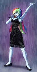 Size: 1310x2535 | Tagged: safe, artist:nairdacommz, artist:nairdags, derpibooru import, rainbow dash, equestria girls, black dress, breasts, clothes, commissioner:ajnrules, dress, image, jpeg, little black dress, microphone, rainbow dash always dresses in style, solo, wet dress