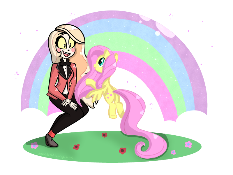 Size: 800x600 | Tagged: safe, artist:queenbluestar, derpibooru import, fluttershy, demon, pegasus, pony, blushing, bowtie, charlie magne, clothes, crossed arms, female, flower, hazbin hotel, image, long mane, open mou, png, rainbow, simple background, smiling, standing, standing on one leg, suit, transparent background, yellow sclera