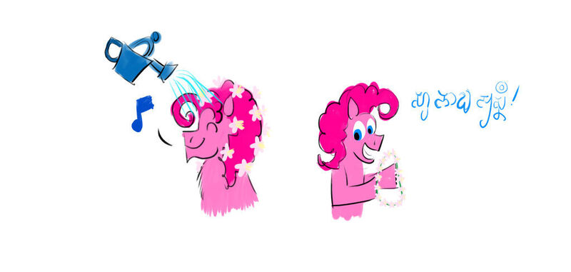 Size: 1024x488 | Tagged: safe, artist:horsesplease, derpibooru import, pinkie pie, dryad, bathing, behaving like a tree, bubble berry, cherry blossoms, flower, flower blossom, flower in hair, garland, happy, image, jpeg, pallava, pinkie pie day, real men wear pink, rule 63, sakura pie, sanskrit, watering can