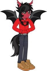 Size: 1782x2708 | Tagged: safe, artist:lightningbolt, derpibooru import, human, equestria girls, .svg available, bat wings, belt, clandestine industries, clothes, derpibooru exclusive, ear fluff, equestria girls-ified, eyeliner, fall out boy, hand in pocket, happy, hoodie, humanized, image, jeans, jewelry, makeup, male, necklace, pants, pete wentz, png, ponied up, shirt, shoes, smiling, solo, spread wings, standing, tail, tailed humanization, undershirt, vector, wings