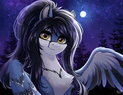 Size: 3000x2310 | Tagged: safe, artist:hakaina, derpibooru import, oc, unofficial characters only, pegasus, pony, chest fluff, forest, image, jpeg, moon, sky, solo, stars, tree