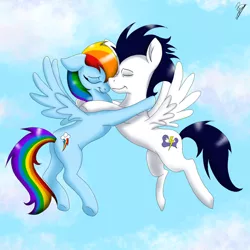 Size: 1280x1280 | Tagged: safe, artist:amandascxd, derpibooru import, rainbow dash, soarin', pegasus, pony, butt, female, flying, hug, image, jpeg, male, plot, shipping, soarindash, straight