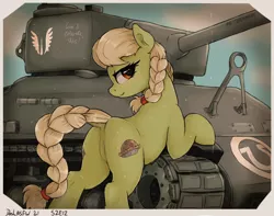 Size: 3000x2360 | Tagged: suggestive, alternate version, artist:dosh, derpibooru import, edit, granny smith, earth pony, pony, family appreciation day, both cutie marks, butt, dock, featureless crotch, female, high res, image, looking at you, looking back, looking back at you, mare, nudity, plot, png, sepia, solo, solo female, tail, tank (vehicle), young granny smith, younger