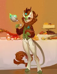 Size: 3000x3930 | Tagged: safe, artist:yanisfucker, derpibooru import, autumn blaze, anthro, kirin, unguligrade anthro, apple, bipedal, burger, cake, clothes, cup, cupcake, female, food, hay burger, image, looking at you, png, pouring, present, solo, table, tea, teacup, teapot, vest