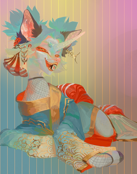 Size: 3000x3800 | Tagged: safe, artist:yanisfucker, derpibooru import, oc, unofficial characters only, pony, unicorn, abstract background, clothes, fangs, female, fishnets, food, image, jewelry, kimono (clothing), looking at you, mare, meat, pigtails, png, ponies eating meat, ponies eating seafood, seafood, sushi