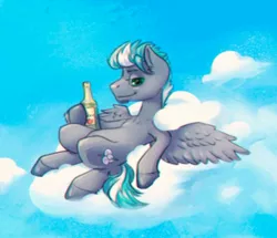 Size: 779x670 | Tagged: safe, artist:kovoranu, derpibooru import, oc, unofficial characters only, pegasus, pony, bottle, cloud, colored hooves, image, jpeg, lidded eyes, male, relaxing, solo, spread wings, stallion, wings