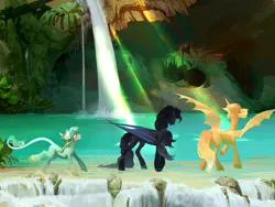 Size: 4000x3000 | Tagged: safe, artist:yanisfucker, derpibooru import, oc, unofficial characters only, alicorn, bat pony, bat pony alicorn, bat pony unicorn, earth pony, hybrid, pony, unicorn, bat pony oc, bat wings, caves, forest, horn, image, lake, leonine tail, png, ponytail, scenery, smiling, spread wings, tree, trio, water, waterfall, wings