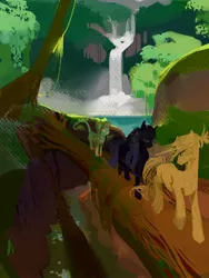 Size: 1620x2160 | Tagged: safe, artist:yanisfucker, derpibooru import, oc, unofficial characters only, bat pony, bat pony unicorn, earth pony, hybrid, pony, unicorn, bat pony oc, bat wings, forest, horn, image, jpeg, lake, ponytail, sketch, tree, waterfall, wings