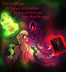 Size: 2611x2828 | Tagged: semi-grimdark, artist:melspyrose, derpibooru import, sprout cloverleaf, earth pony, ghost, pony, sheep, undead, my little pony: a new generation, spoiler:g5, spoiler:my little pony: a new generation, bell, book, equestria is doomed, evil grin, fangs, fire, g1, g5, green fire, grin, grogar (g1), grogar's bell, image, joseph sprout, magic, male, png, ram, smiling, stallion, summon, summoning, telekinesis, this will not end well