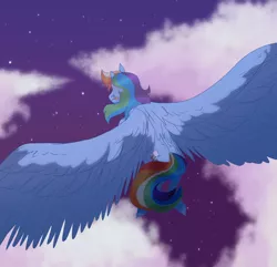 Size: 1280x1234 | Tagged: safe, artist:softiesuns, derpibooru import, rainbow dash, pegasus, pony, cloud, facing away, female, flying, from above, image, jpeg, night, sky, solo, spread wings, stars, tongue out, wings