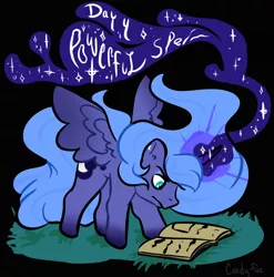 Size: 2020x2048 | Tagged: safe, artist:carconutty, derpibooru import, nightmare moon, princess luna, alicorn, pony, book, colored hooves, female, glow, glowing horn, grass, horn, image, inktober, magic, nightmare luna, png, s1 luna, simple background, solo, spread wings, text, wings