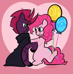 Size: 2020x2048 | Tagged: safe, artist:carconutty, derpibooru import, pinkie pie, tempest shadow, earth pony, pony, unicorn, balloon, broken horn, female, heart, heart background, horn, image, inktober, lesbian, mare, png, shipping, smiling, tempestpie