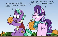 Size: 1024x647 | Tagged: safe, artist:bobthedalek, derpibooru import, firelight, starlight glimmer, pony, unicorn, clothes, father and child, father and daughter, fathers gonna father, female, image, jpeg, male, pumpkin, scarf, starlight is not amused, unamused