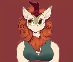 Size: 1024x872 | Tagged: safe, artist:sombershadows, derpibooru import, autumn blaze, anthro, kirin, bust, female, image, jpeg, mare, red background, simple background, solo