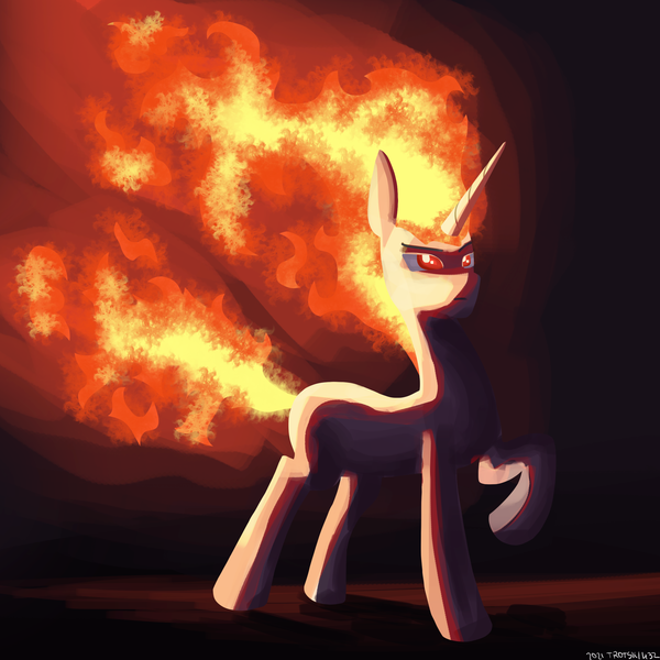 Size: 2500x2500 | Tagged: safe, artist:trotski432, derpibooru import, twilight sparkle, pony, unicorn, abstract background, badass, female, fire, fire hair, image, mane of fire, mare, png, rapidash twilight, solo, solo female