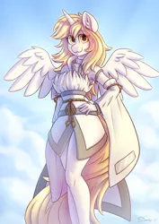 Size: 2480x3508 | Tagged: safe, artist:dandy, derpibooru import, oc, oc:star nai, unofficial characters only, alicorn, anthro, alicorn oc, beautiful, clothes, cloud, commission, female, hand on hip, high res, horn, image, looking at you, png, solo, wings