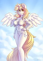 Size: 2480x3508 | Tagged: safe, artist:dandy, derpibooru import, oc, oc:star nai, unofficial characters only, alicorn, anthro, alicorn oc, beautiful, bikini, breasts, cleavage, clothes, cloud, commission, explicit source, female, hand on hip, high res, horn, image, looking at you, png, solo, swimsuit, wings