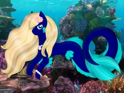 Size: 960x720 | Tagged: safe, artist:madlilon2051, derpibooru import, oc, unofficial characters only, merpony, seapony (g4), blue eyes, coral, dorsal fin, fins, fish tail, flower, flower in hair, flowing mane, flowing tail, image, jewelry, looking at you, necklace, ocean, pearl necklace, photo, png, seashell necklace, seaweed, solo, swimming, tail, underwater, water, yellow mane