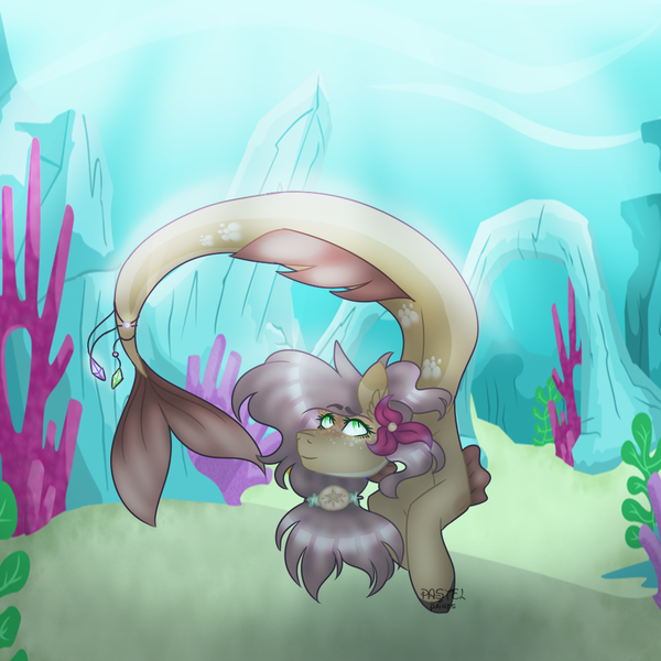 Size: 1000x1000 | Tagged: safe, artist:mooshoo-art, derpibooru import, oc, unofficial characters only, merpony, seapony (g4), coral, crepuscular rays, dorsal fin, ear fluff, female, fins, fish tail, flower, flowing tail, gem, green eyes, image, ocean, png, seaweed, signature, smiling, solo, sunlight, swimming, tail, underwater, water