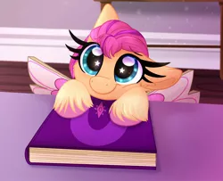 Size: 1946x1578 | Tagged: safe, artist:littleblackraencloud, derpibooru import, sunny starscout, earth pony, pony, book, cute, fake wings, female, filly, filly sunny starscout, g5, hooves on the table, image, jpeg, looking at you, looking up, looking up at you, ponytober, solo, starry eyes, sunnybetes, wingding eyes