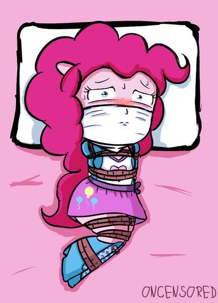 Size: 1063x1476 | Tagged: questionable, artist:crisverde, derpibooru import, pinkie pie, equestria girls, arm behind back, bdsm, big hair, blushing, bondage, bound, bound and gagged, chibi, cloth gag, damsel in distress, female, floor, flushed face, gag, image, jpeg, lying down, over the nose gag, pillow, ponied up, rope, rope bondage, solo, solo female, sweat, sweatdrops, tied legs, tied up, tiny pupils, worried