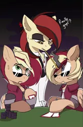 Size: 422x639 | Tagged: safe, artist:beardie, derpibooru import, oc, oc:casino royale, oc:even split, oc:low roller, unofficial characters only, earth pony, pegasus, brothers, clothes, dress shirt, eyeshadow, female, image, makeup, male, necktie, pipe, png, siblings, smoking, sunglasses, twins, vest