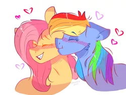 Size: 1600x1200 | Tagged: safe, artist:valkiria, derpibooru import, fluttershy, rainbow dash, pegasus, pony, blushing, cute, female, flutterdash, image, kissing, lesbian, png, shipping