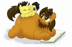 Size: 2616x1701 | Tagged: safe, artist:aleximusprime, derpibooru import, oc, oc:alex the chubby pony, oc:tommy the human, unofficial characters only, alicorn, earth pony, pony, book, butt pillow, chubby, commission, commissioner:bigonionbean, duo, facial hair, fat, image, jpeg, looking back, lying down, male, simple background, sleeping, sleeping on top of someone, smiling, stallion, white background