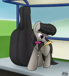 Size: 1521x1692 | Tagged: safe, artist:the-furry-railfan, derpibooru import, octavia melody, earth pony, bowtie, bus stop, cello, image, musical instrument, octavia is not amused, paper, png, unamused