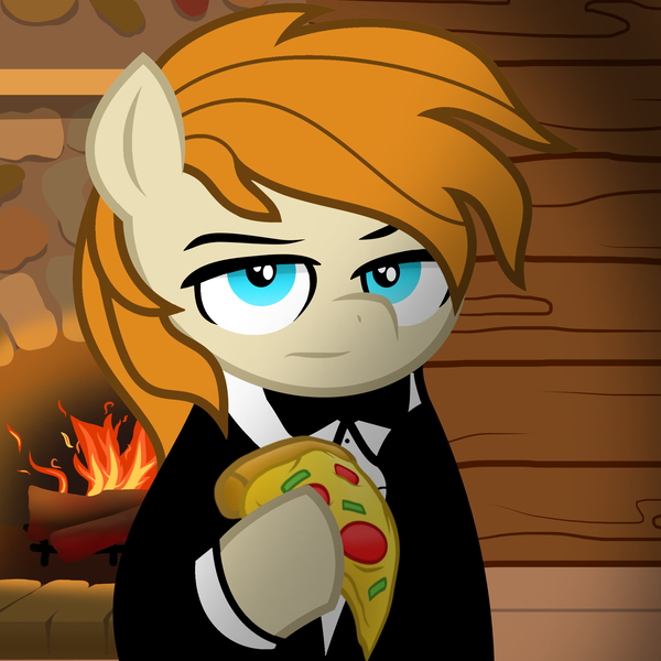 Size: 2048x2048 | Tagged: safe, artist:dtavs.exe, artist:pizzamovies, derpibooru import, oc, oc:pizzamovies, earth pony, acres avatar, background, base used, clothes, fireplace, food, image, looking at you, meat, pepperoni, pepperoni pizza, pizza, png, solo, tuxedo, unamused