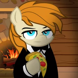 Size: 2048x2048 | Tagged: safe, artist:dtavs.exe, artist:pizzamovies, derpibooru import, oc, oc:pizzamovies, earth pony, acres avatar, background, base used, clothes, fireplace, food, image, looking at you, meat, pepperoni, pepperoni pizza, pizza, png, solo, tuxedo, unamused