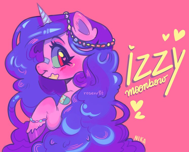 Size: 2689x2160 | Tagged: safe, artist:rosenr8t, derpibooru import, izzy moonbow, pony, unicorn, bandaid, blushing, bracelet, cute, ear fluff, female, g5, heart, heart eyes, high res, image, izzybetes, jewelry, jpeg, mare, pink background, profile, raised hoof, signature, simple background, smiling, solo, unshorn fetlocks, wingding eyes