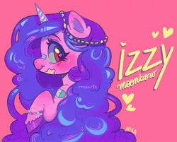 Size: 2689x2160 | Tagged: safe, artist:rosenr8t, derpibooru import, izzy moonbow, pony, unicorn, bandaid, blushing, bracelet, cute, ear fluff, female, g5, heart, heart eyes, high res, image, izzybetes, jewelry, jpeg, mare, pink background, profile, raised hoof, signature, simple background, smiling, solo, unshorn fetlocks, wingding eyes