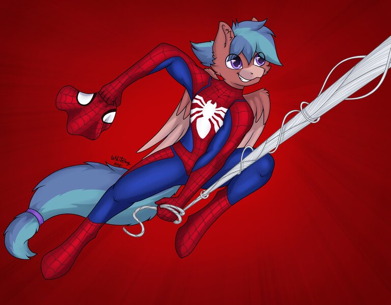 Size: 3272x2556 | Tagged: safe, artist:zackwhitefang, derpibooru import, oc, unofficial characters only, anthro, pegasus, unguligrade anthro, clothes, digital art, gift art, image, jpeg, male, marvel, mask, simple background, solo, spider-man, spider web, suit, tail, wings