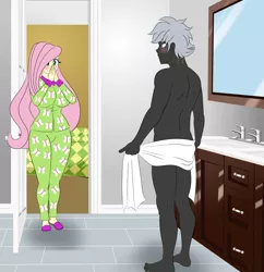 Size: 3200x3300 | Tagged: suggestive, artist:chuyryu, derpibooru import, fluttershy, oc, oc:lee enfield, equestria girls, bathroom, blushing, breasts, clothes, embarrassed, embarrassed nude exposure, image, mirror, nudity, pajamas, png, shower, towel